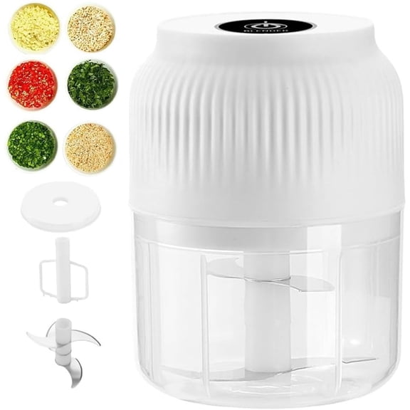 Electric Garlic Chopper Mini Portable Veggie Cutter Food Processor with 4/6 Stainless Steel Blades & Plastic Egg Whisk USB Rechargeable for Onions Ginger Chili Nuts Meat(White,4 Blades)