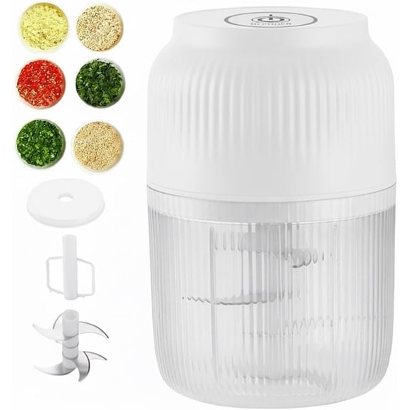 Electric Garlic Chopper Mini Portable Veggie Cutter Food Processor with 4/6 Stainless Steel Blades & Plastic Egg Whisk USB Rechargeable for Onions Ginger Chili Nuts Meat(White,6 Blades)