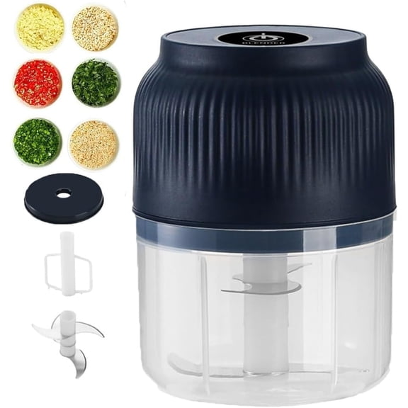 Electric Garlic Chopper Mini Portable Veggie Cutter Food Processor with 4/6 Stainless Steel Blades & Plastic Egg Whisk USB Rechargeable for Onions Ginger Chili Nuts Meat(Blue,4 Blades)
