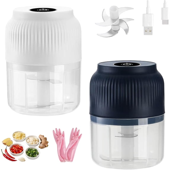 Electric Garlic Chopper, Mini Portable Veggie Cutter, USB Rechargeable Chopper with Stainless Steel Blades, Mini Kitchen Helper, Easy to Clean, For Vegetables (Blue and White, 4 Blades)