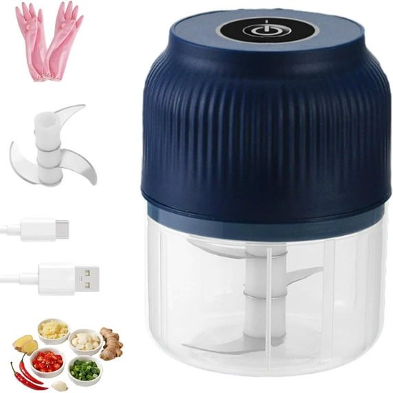 Electric Garlic Chopper, Mini Portable Veggie Cutter, USB Rechargeable Chopper with Stainless Steel Blades, One-Touch Mini Kitchen Helper, Easy to Clean, For Vegetables (Blue, 3 Blades)