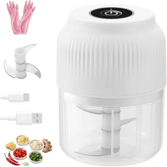 Electric Garlic Chopper, Mini Portable Veggie Cutter, USB Rechargeable Chopper with Stainless Steel Blades, One-Touch Mini Kitchen Helper, Easy to Clean, For Vegetables (White, 3 Blades)