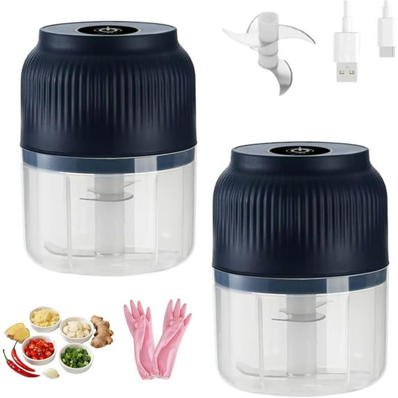 Electric Garlic Chopper, Mini Portable Veggie Cutter, USB Rechargeable Chopper with Stainless Steel Blades, One-Touch Mini Kitchen Helper, Easy to Clean, For Vegetables (Blue*2, 4 Blades)