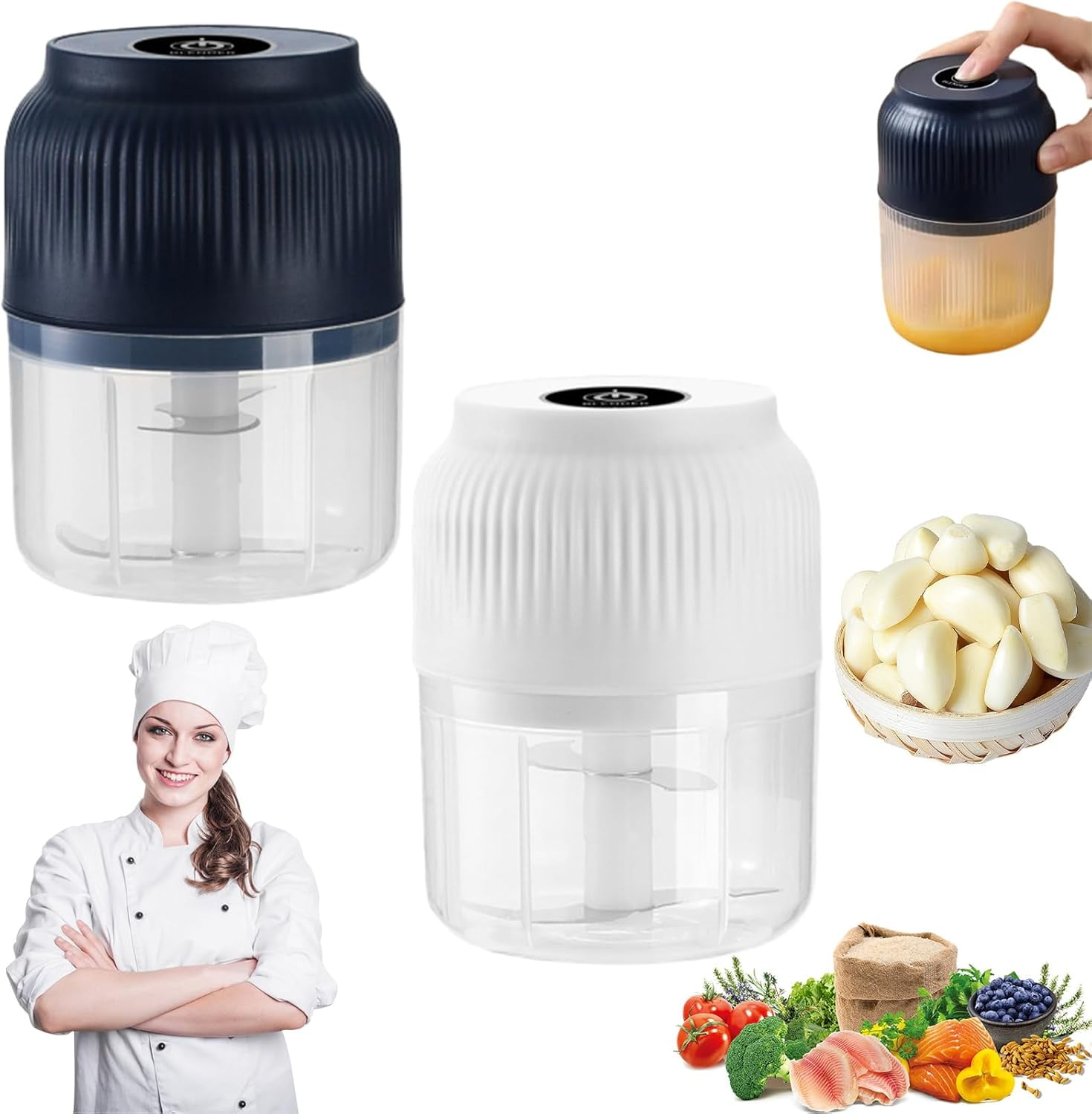 Electric Garlic Chopper, Mini Portable Veggie Cutter, Veggie Chopper with Container and Lid, Vegetable Chopper and Spiralizer, Small Garlic Chopper Mincer, Vegetable Chopper Onion Mincer (Blue)