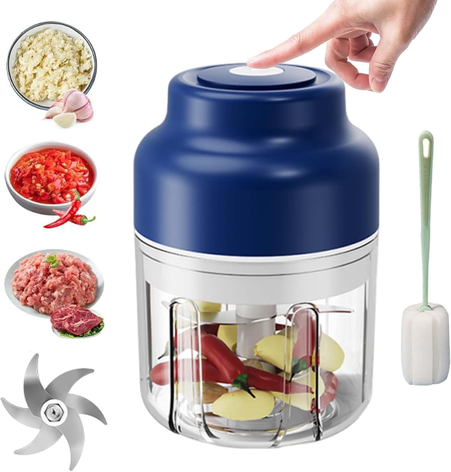 Electric Garlic Chopper – Mini Rechargeable Food Processor with 6 Stainless Steel Blades, Portable Veggie Chopper for Garlic, Onion, Chili, Ginger & Nuts