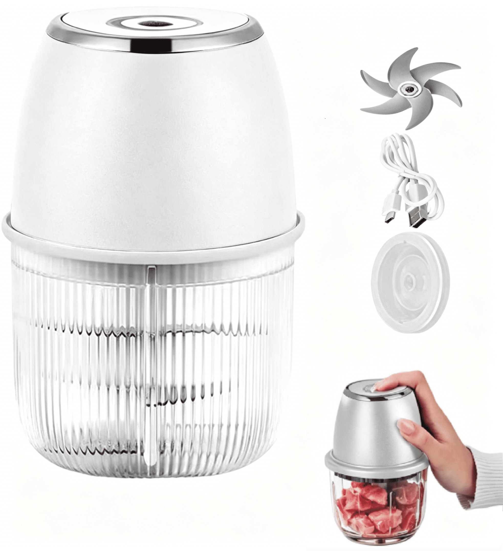 Electric Garlic Chopper – USB Rechargeable Mini Food Processor, Portable Veggie Cutter for Mashing Garlic, Chili, Onion, Fruit & Ginger(RL White 1 PC)