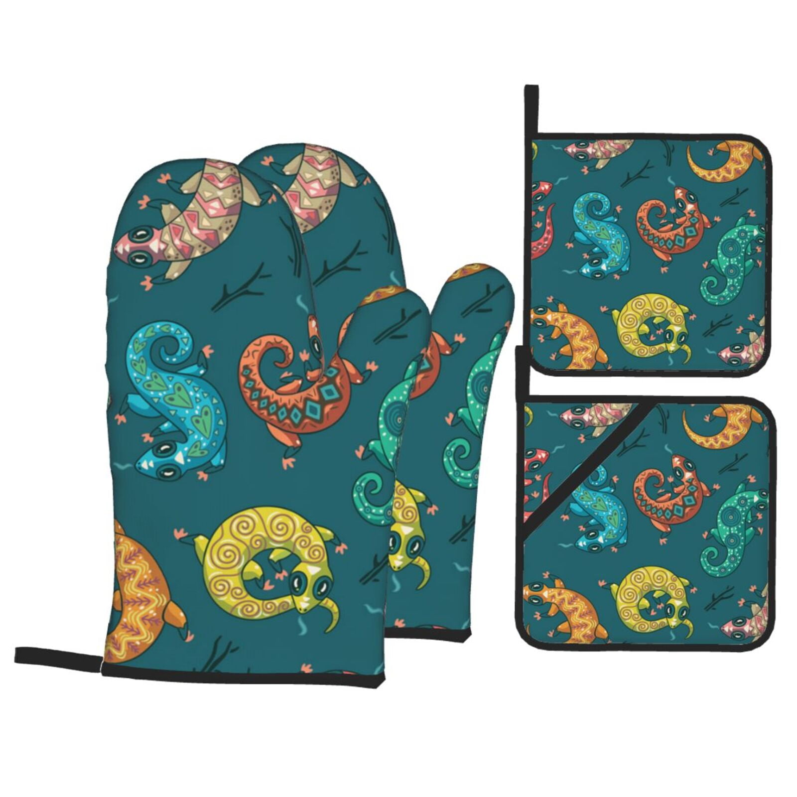 Electric Gecko Lizards Psychedelic 4Pcs Oven Mitts and Pot Holders Sets Oven Kitchen Gloves Hot Pads for Cooking BBQ Baking Grilling