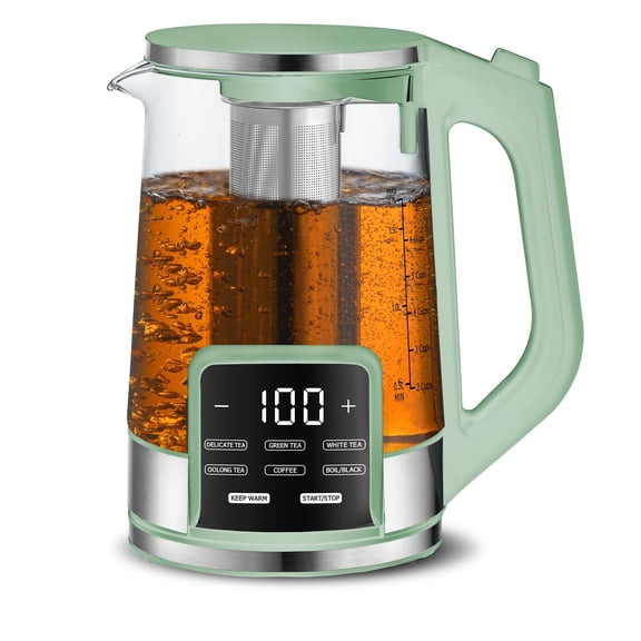 Electric Glass Kettle – 1.7L Programmable Tea & Coffee Brewer with Digital Touch Display, 6 Presets, Removable Stainless Steel Infuser, Cordless with 360° Swivel Base, Green