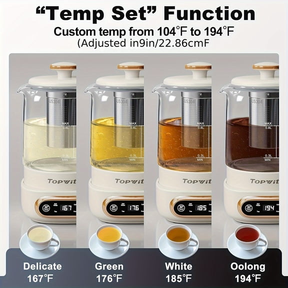 Electric Glass Kettle with Removable Infuser | 0.8L 8-in-1 Programmable Brewer | 11 Temp & 4 Preset Modes