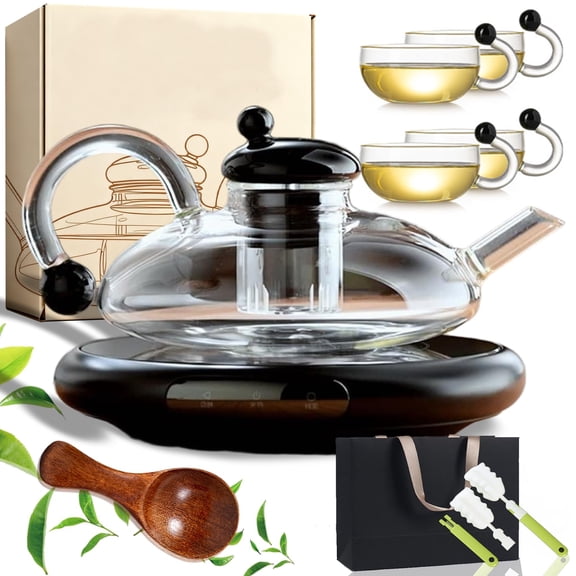Electric Glass Teapot with Warmer - 20 Oz Glass Electric Tea Kettle with Infuser, 9-Temperature | 1000w Heating Ceramic Stove, TeaPot Set with Infuser for Loos Tea & Coffee