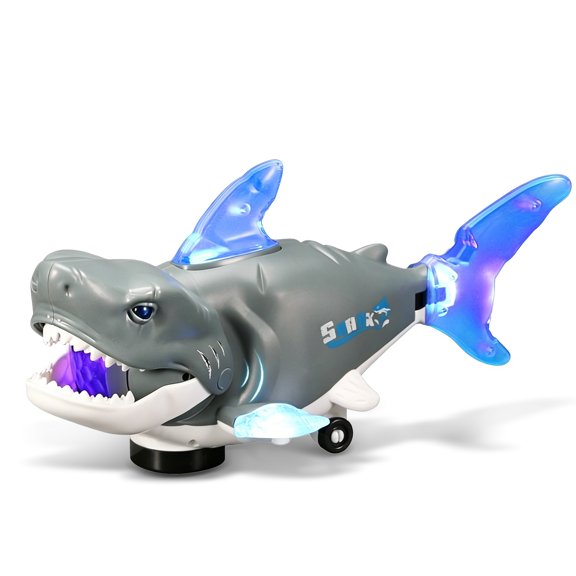 Electric Glowing Swivel Shark,Light Up Robot Fish Smart Sensory Explorer,Bump and Go Moving for Interactive Gifts-Gray