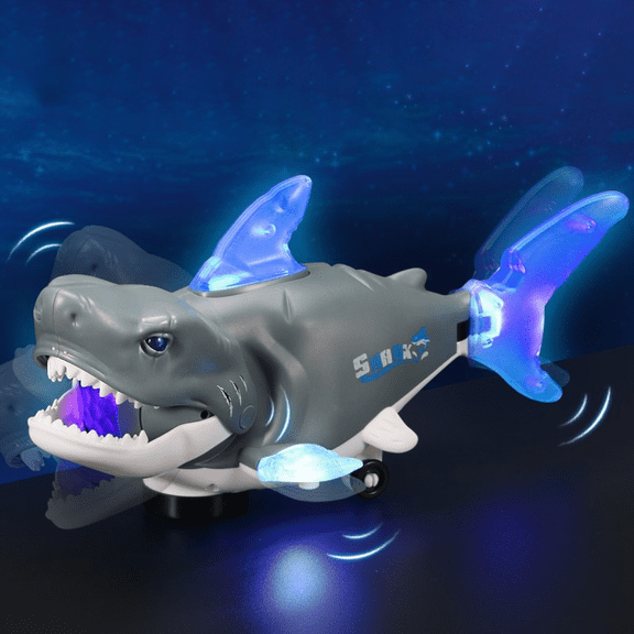 Electric Glowing Swivel Shark,Light Up Robot Fish Smart Sensory Explorer,Bump and Go Moving for Interactive Gifts-Gray