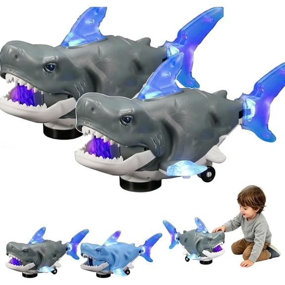 Electric Glowing Swivel Shark, Rechargeable Moving Shark Figure with LED Lights, Music, 360° Obstacle Avoidance and Multi-Joint Wobble Motion, Interactive Crawling Shark for Indoor Outdoor (Grey*2)