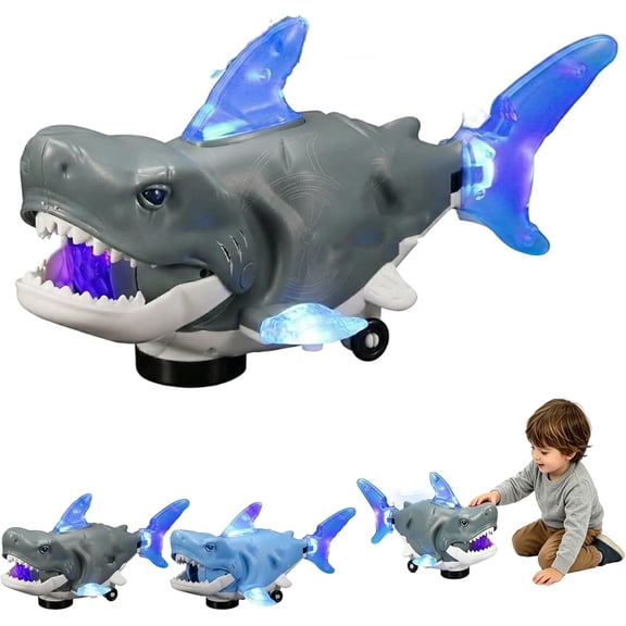 Electric Glowing Swivel Shark, Rechargeable Moving Shark Figure with LED Lights, Music, 360° Obstacle Avoidance and Multi-Joint Wobble Motion, Interactive Crawling Shark for Indoor Outdoor (Grey)
