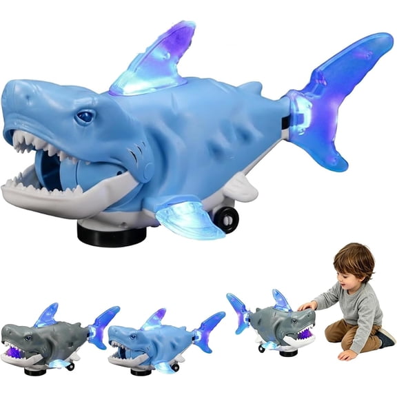 Electric Glowing Swivel Shark, Rechargeable Moving Shark Figure with LED Lights, Music, 360° Obstacle Avoidance and Multi-Joint Wobble Motion, Interactive Crawling Shark for Indoor Outdoor (Blue)