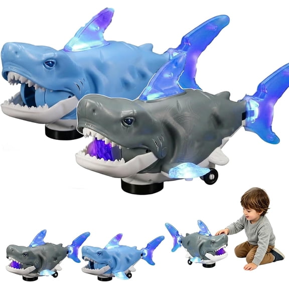 Electric Glowing Swivel Shark, Rechargeable Moving Shark Figure with LED Lights, Music, 360° Obstacle Avoidance and Multi-Joint Wobble Motion, Interactive Crawling Shark for Indoor Outdoor (Mix*2)