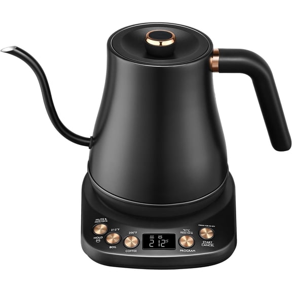Electric Gooseneck Kettle 1L, 6 Temperature Control Presets, 1200W Quick Heating Water Pour Over Coffee & Tea Pot with Auto Shut-off & Keep-warm, Stainless Steel Inner & Lid, Matte Black