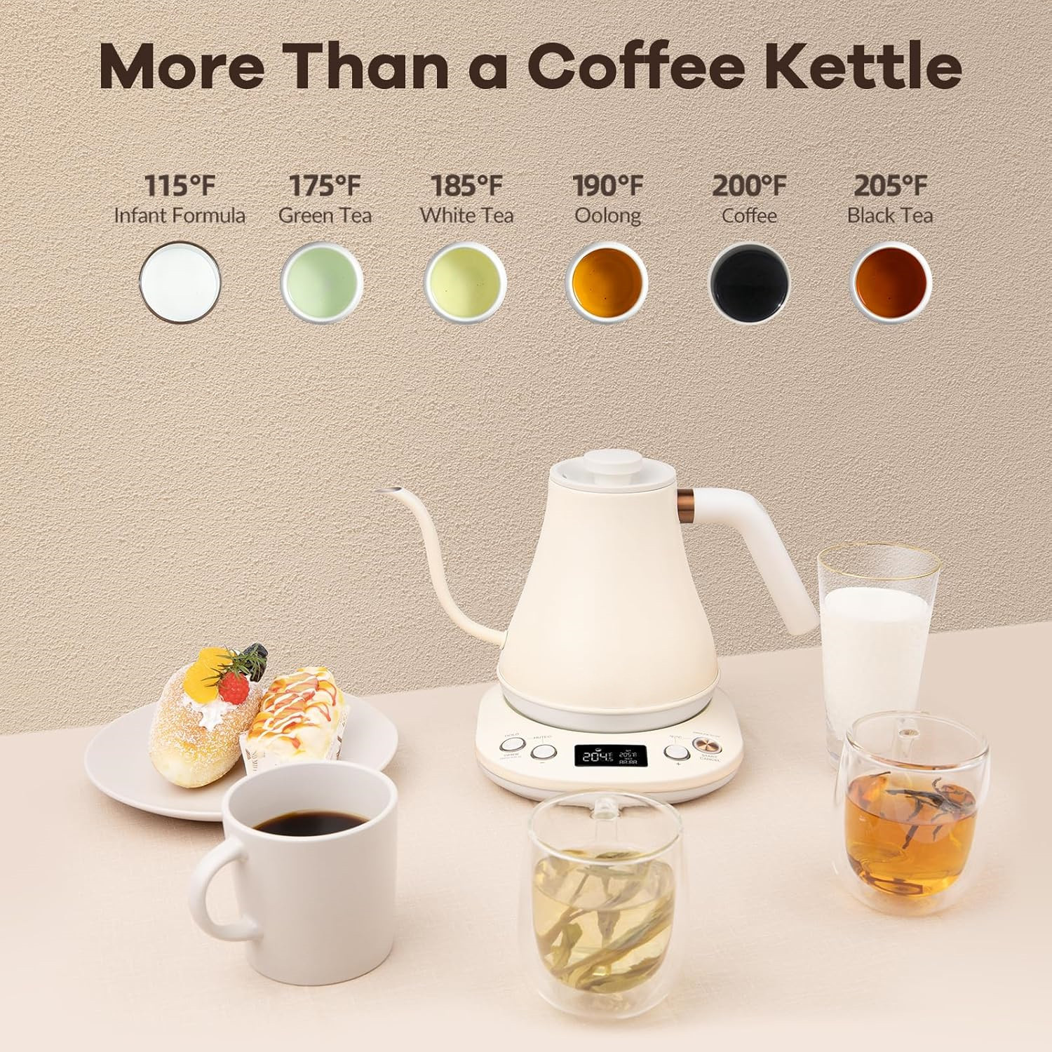Electric Gooseneck Kettle With Keep Warm Function & LCD Display Automatic Shut Off Coffee Kettle Temperature Control Pour Over Kettle 1200 Watt, 0.8L, 120V, Off White