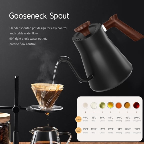 Electric Gooseneck Kettle with LCD Display, Real-Time Temp Control Hot Water Boiler to Pour Over Coffee, Brew Tea, Switchable ℉ / ℃ , 1200 Watt Quick Heating Pot, 0.9L, 304 Stainless Steel,Matt Black