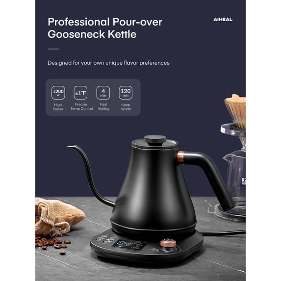 Electric Gooseneck Kettle Temperature Control, Pour Over Electric Kettle for Coffee and Tea, 100% Stainless Steel Inner, 1200W Rapid Heating, 0.8L, Built-in Stopwatch, Matte Black