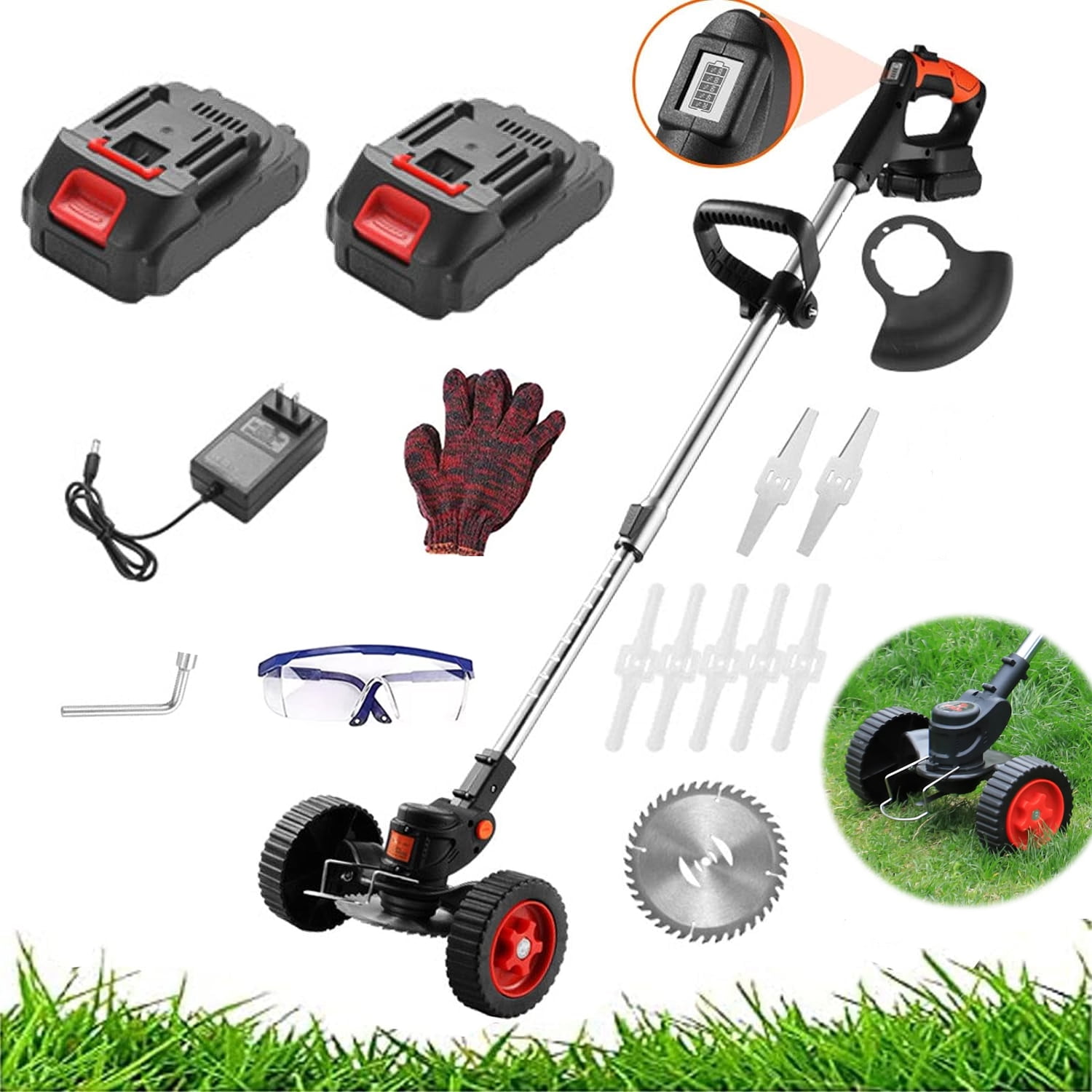 Electric Grass Trimmer Cordless Portable String Trimmer with 2 Lithium-Battery, Charger, Replacement Blades, Weed Eater for Outdoor, Yard, Lawns, Gardens