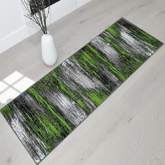 HR - Electric Green/Gray/Silver/Black Abstract Contemporary Modern Design Brushed Colors Area Rug (1'96" x 6'96")