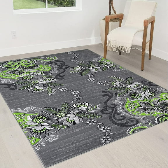 Electric Green/Grey/Silver/Black/Abstract Area Rug Modern Contemporary Flower/Swirls Pattern 1'96" x 6'96"