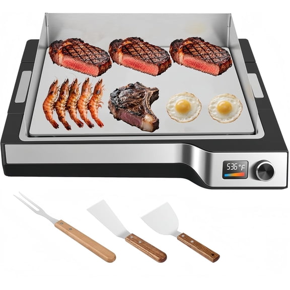 Electric Griddle 536?F Max Temp, Electric Grill Indoor Outdoor 14", Dishwasher-Safe Indoor electric skillet, Nonstick Flat Top Grill 5mm Stainless Steel Plates, Spatula & Fork