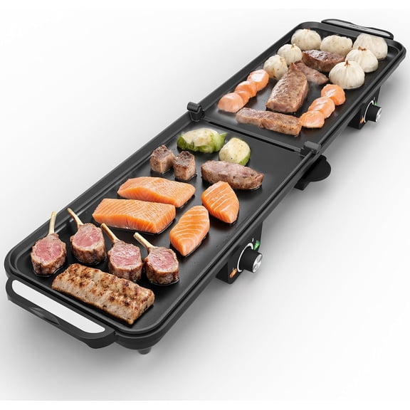 Electric Griddle Flat Grill: Indoor Grill with 2 Adjustable Temp Knobs, Nonstick Cooking Plate, Large Grill Pan with Drip Tray, 2 Cooking Zone (17.5'' x 9''), Easy to Clean