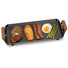 Electric Griddle Grill, 2-in-1 Non-Stick Flat & Ribbed Cooking Plate, Indoor BBQ Teppanyaki Grill with Wood Handles, for Family Meals, Parties and Everyday Cooking