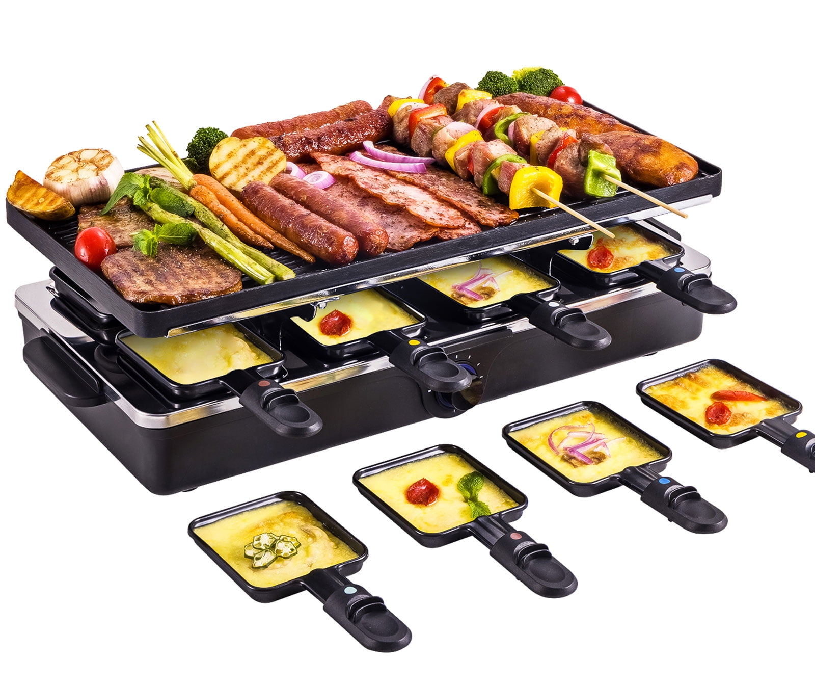  2 IN 1 Dual Raclette Grills 8-Person Baking Tray, Indoor  Electric, with Non-Stick Grilling Plat & Cooking Stone, 1300W, for Korean  BBQ- Melt Cheese, Cook Meat & Veggies at Once,Black 