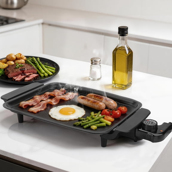 Electric Griddle with Nonstick 12-Inch Cooking Plate, Adjustable Temp, Black Countertop Grill