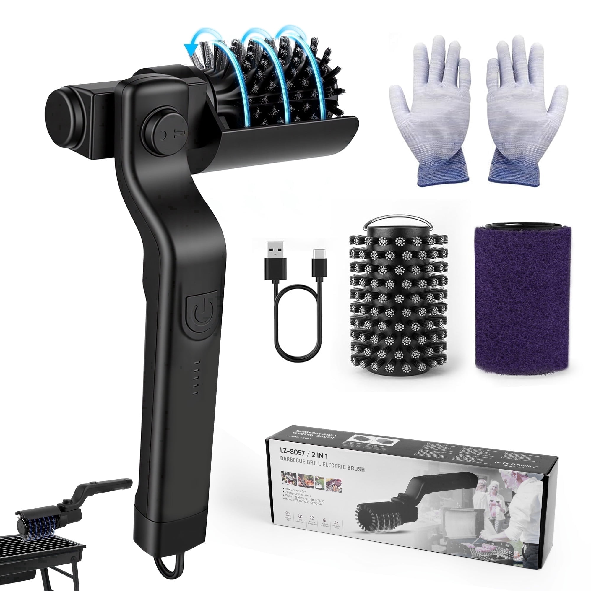 Electric Grill Brush, 180° Adjustable Angle, 3-Speed Power Motor, 90-Min Runtime, Rechargeable, Outdoor Kit Grill Cleaner for BBQ Grates Griddles