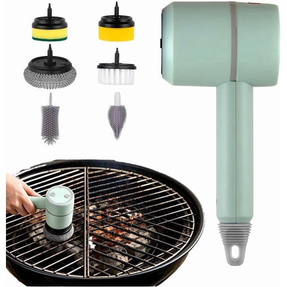 Electric Grill Brush, 2026 New Heavy Duty BBQ Grate Cleaning Brush with 6 Interchangeable Heads, 360 Rotation Power Scrubber, Kitchen Sink Bathroom Homeowners Grill Enthusiasts Adults (Green)M