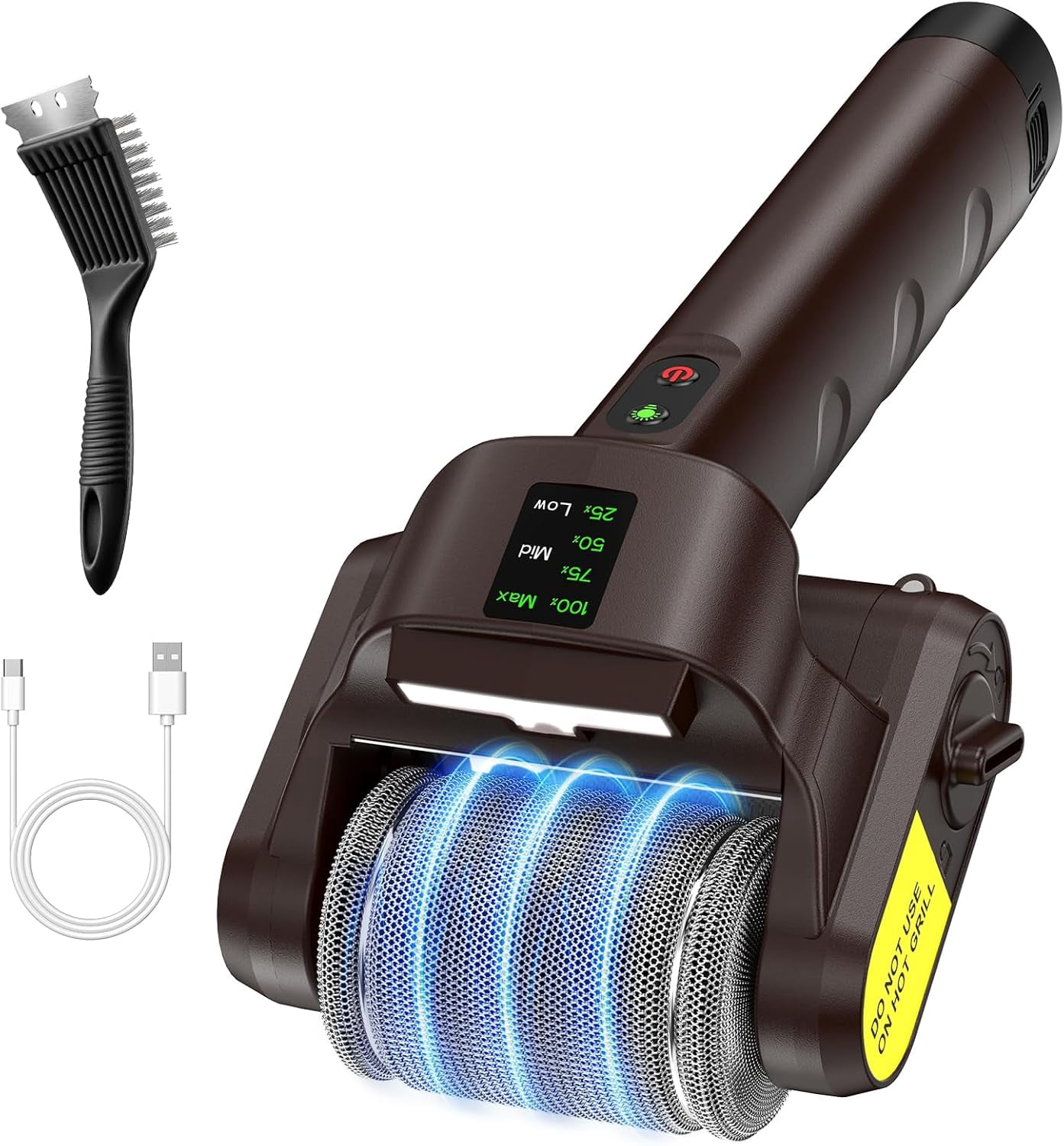 Electric Grill Brush, 3-Speed 770RPM Electric Grill Cleaner with LED Light, Long Runtime Rechargeable Outdoor BBQ Brush, Removable Stainless Steel Roller for Most Grates