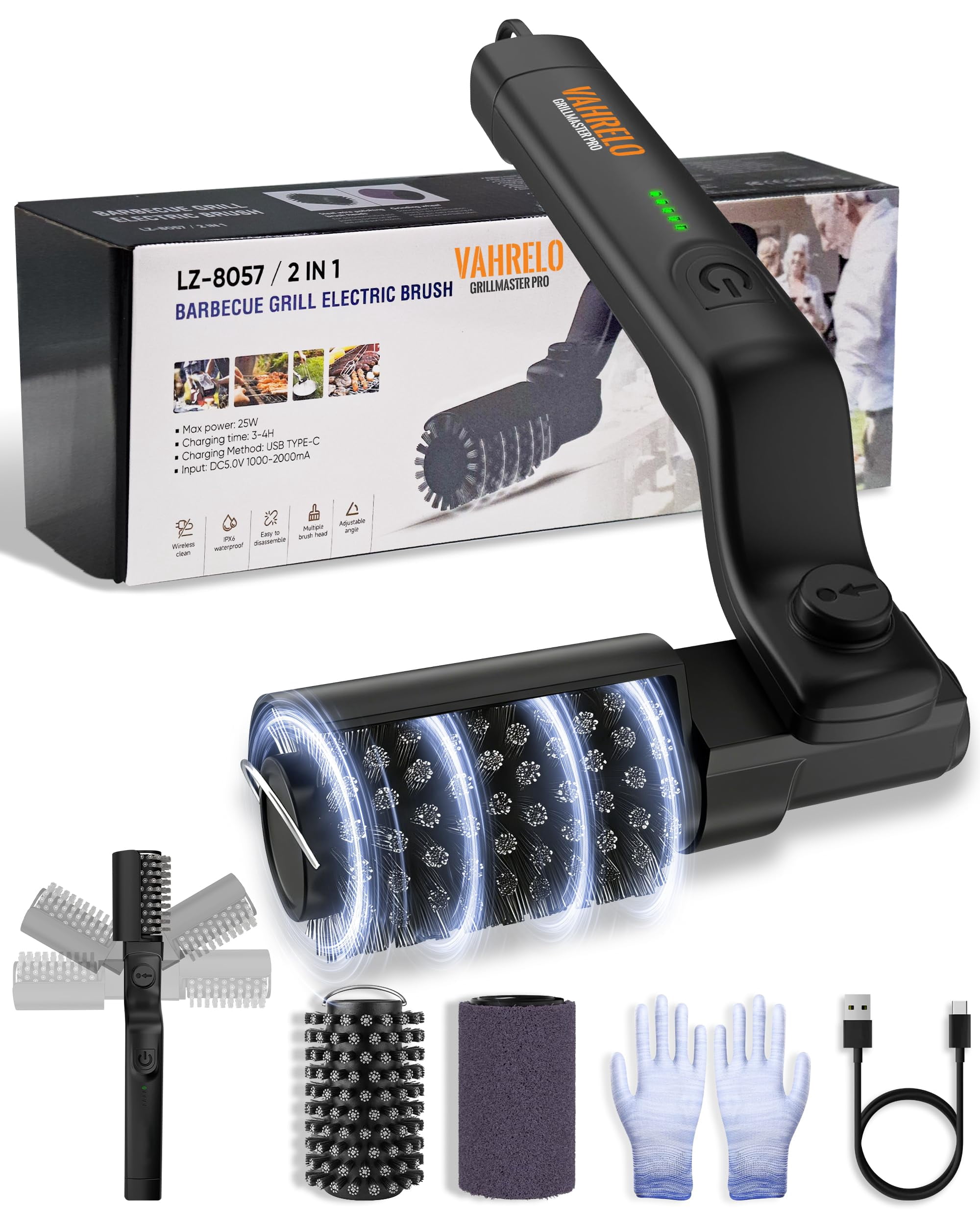 Electric Grill Brush, 3-Speed & Angle Adjust Rotary BBQ Grills Cleaning Brush for Burnt-On Grease & BBQ Grates, 20kg Max Torque, Heavy‑duty Steel Bristles