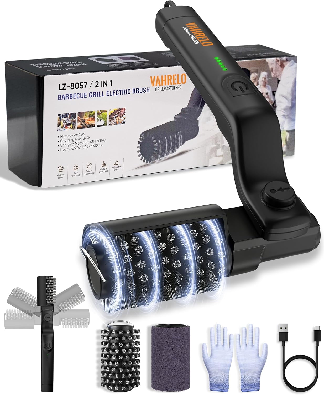 Electric with 3-Speeds, 2026 Upgraded Angle Adjust Cordless Rotary BBQ Grill Cleaning Brush for Burnt-On Grease, 20kg Max Torque, Heavy‑Duty Steel Bristles