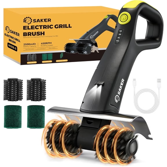 Electric Grill Brush with 450 RPM & LED Light | Tangle-Free Grill Cleaning Brush with Durable Roller | Complete 8-Piece Brush & Scouring Pad Kit | Ideal Grilling Gift for Dad