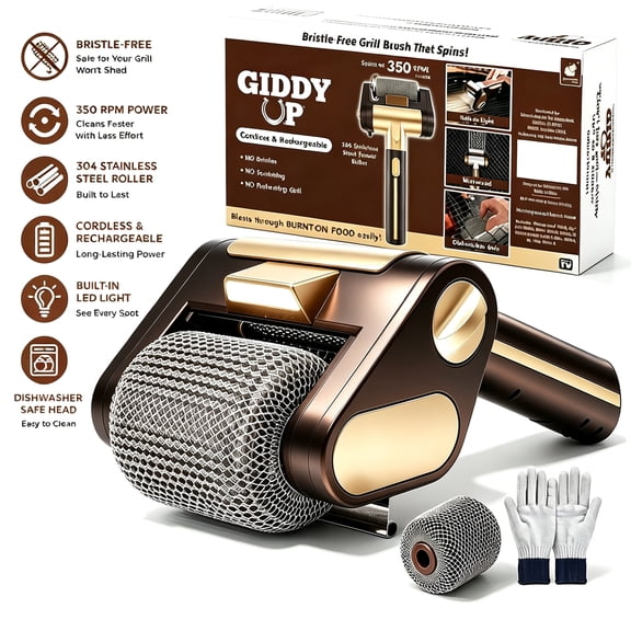 Electric Grill Brush, BBQ Grill Cleaner, Grill Cleaning Tool with 350 RPM Stainless Roller and LED Light for Home, Patio, Camping, Outdoor, Cordless & Rechargeable, Black Gold