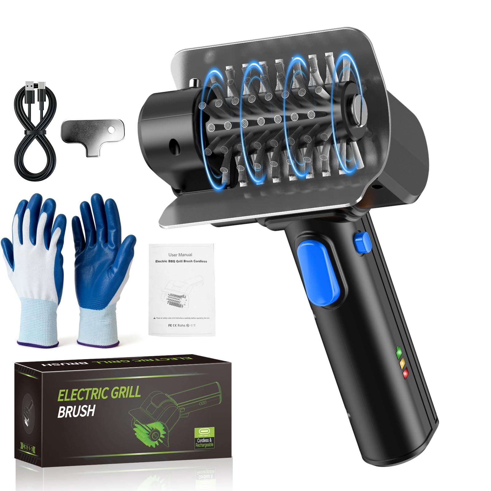 Electric Grill Brush Blue Button Dual Safety Lock 304 SS Head