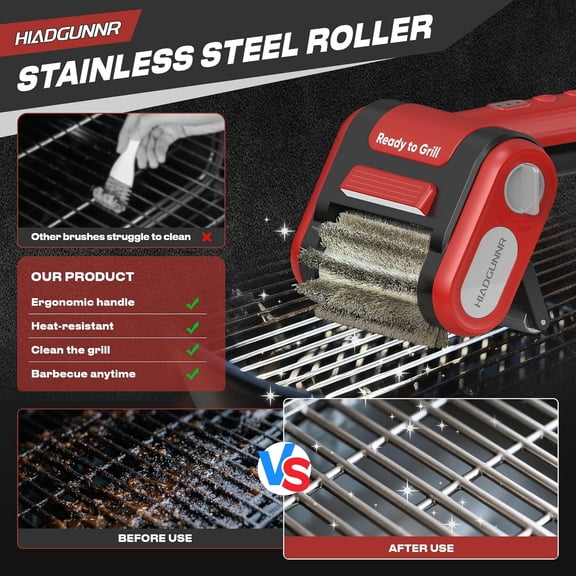 Electric Grill Brush, Grill Cleaner with LED Light, 700–800 RPM Stainless Steel Bristles, 304 Removable Brush Head, Cordless & Type-C Rechargeable Grill Cleaning Tool for Outdoor BBQ