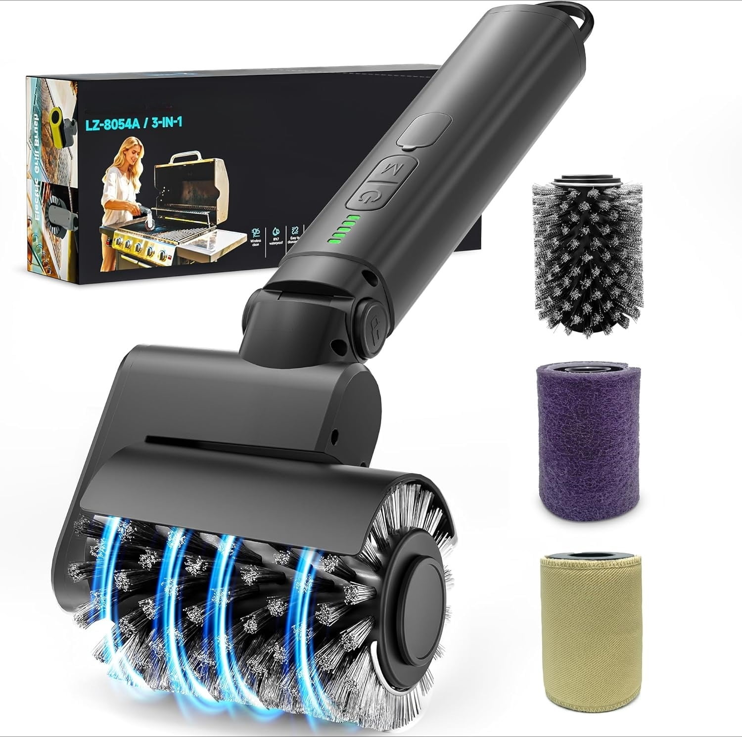 Electric Grill Brush for Outdoor, 2026 TikTok BBQ Grill Cleaner with 3 Heads, 3-Speed & Angle Adjust Cordless Rotary Grill Brush, 150Mins Runtime Grill Cleaning Brush for Barbecue Grates