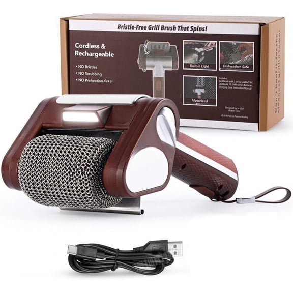Electric Grill Brush for Outdoor, BBQ Grill Cleaner with LED Light, Powerful Cleaning 350RPM/4000mAh/No Bristle Shedding Rechargeable Lightweight Grill Cleaner for Outdoor/Camping,Brown
