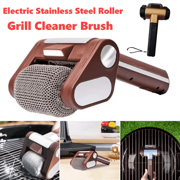 Electric Grill Brush Rechargeable BBQ Brush Bristle Free with 350 RPM Stainless Steel Roller & Built-in LED Light - Safe Cleaning for BBQ & Kitchen, 304 Stainless