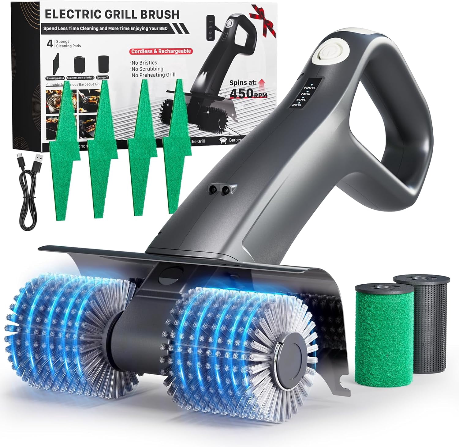 Electric Grill Brush Rechargeable, Dual Brush Heads Design Cordless Electric BBQ Grill Cleaner with Replaceable Head, No Bristles Grill Brush Outdoor Grill for Burnt-On Grease & Grill Grates