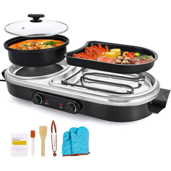 Electric Grill with Hot Pot, 2 in 1 Electric Grill, Indoor Smokeless Korean BBQ Grill,Non-Stick Electric Pot and Griddle, Independent Dual Temperature Control, Capacity for 2-10 People