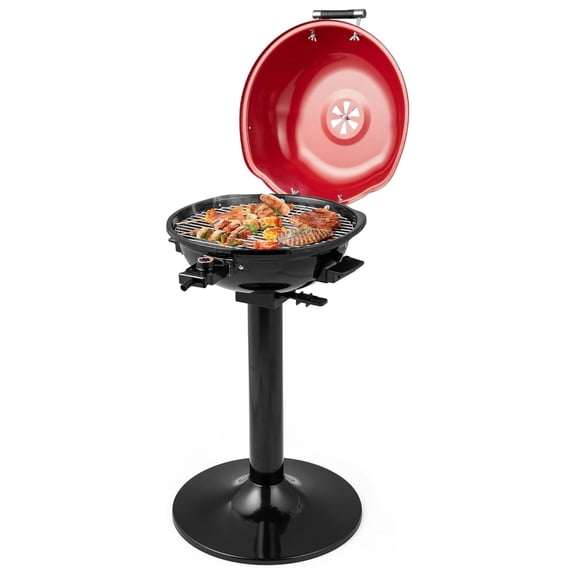 Electric Grill Outdoor/Indoor, 15- Serving Electric Barbecue Grill w/Round Lid, Removable Non-Stick Grilling Rack, Oil Drip Tray, 1600W Portable Standing BBQ Grill for Apartment Balcony Patio