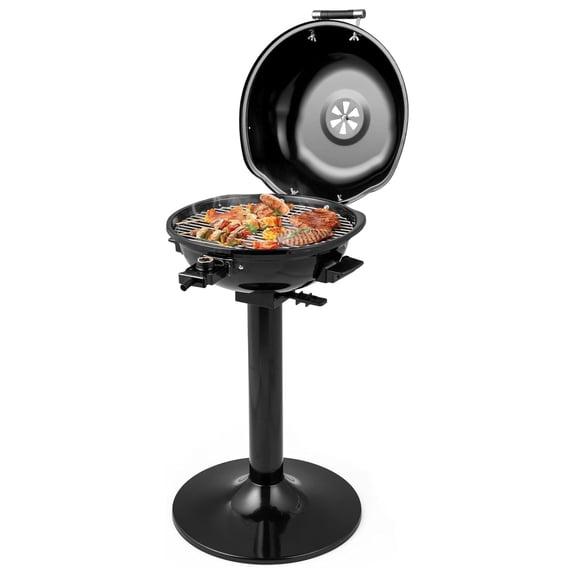 Electric Grill Outdoor/Indoor, 15-Serving Electric Barbecue Grill w/Round Lid, Removable Non-Stick Grilling Rack, Oil Drip Tray, 1600W Portable Standing BBQ Grill for Apartment Balcony Patio