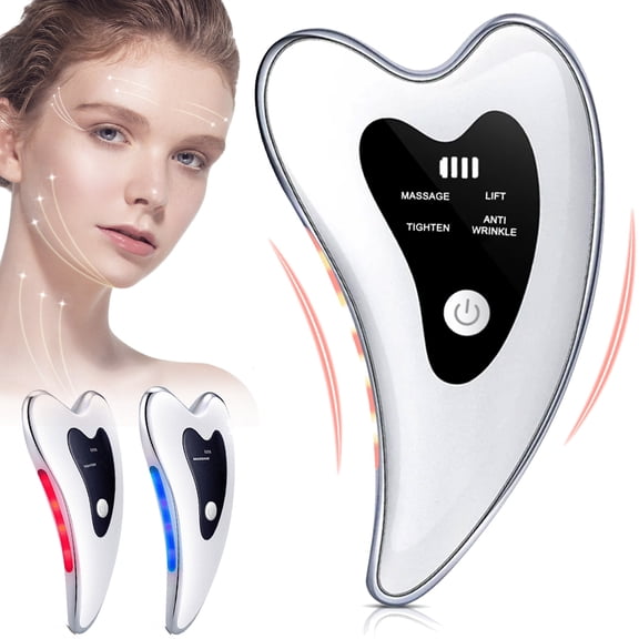 Electric Guasha Massager for Face & Neck, Heated Vibration Facial Massage Tool with Blue & Red Light, Lift & Firm Skin, Anti-Wrinkle Massage & Tightening Beauty Device