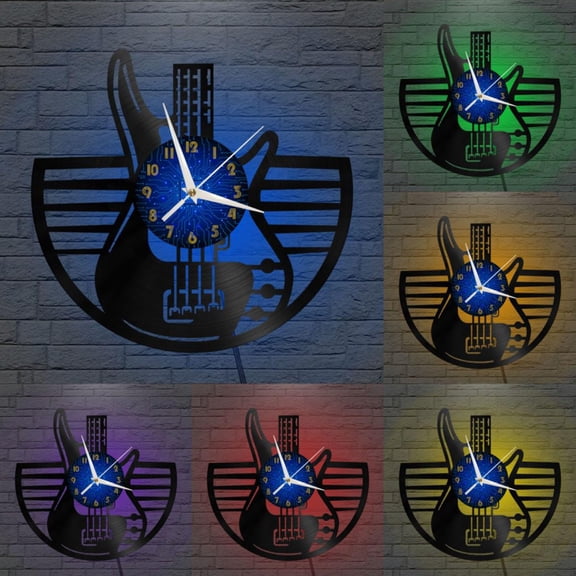 Electric Guitar 12 Inch Vinyl Record Wall Clock - Silent, Creative, and Unique Clock for Living Room, Entryway, or Bedroom Decor - Perfect Gift Idea(12 inchs B with LED)
